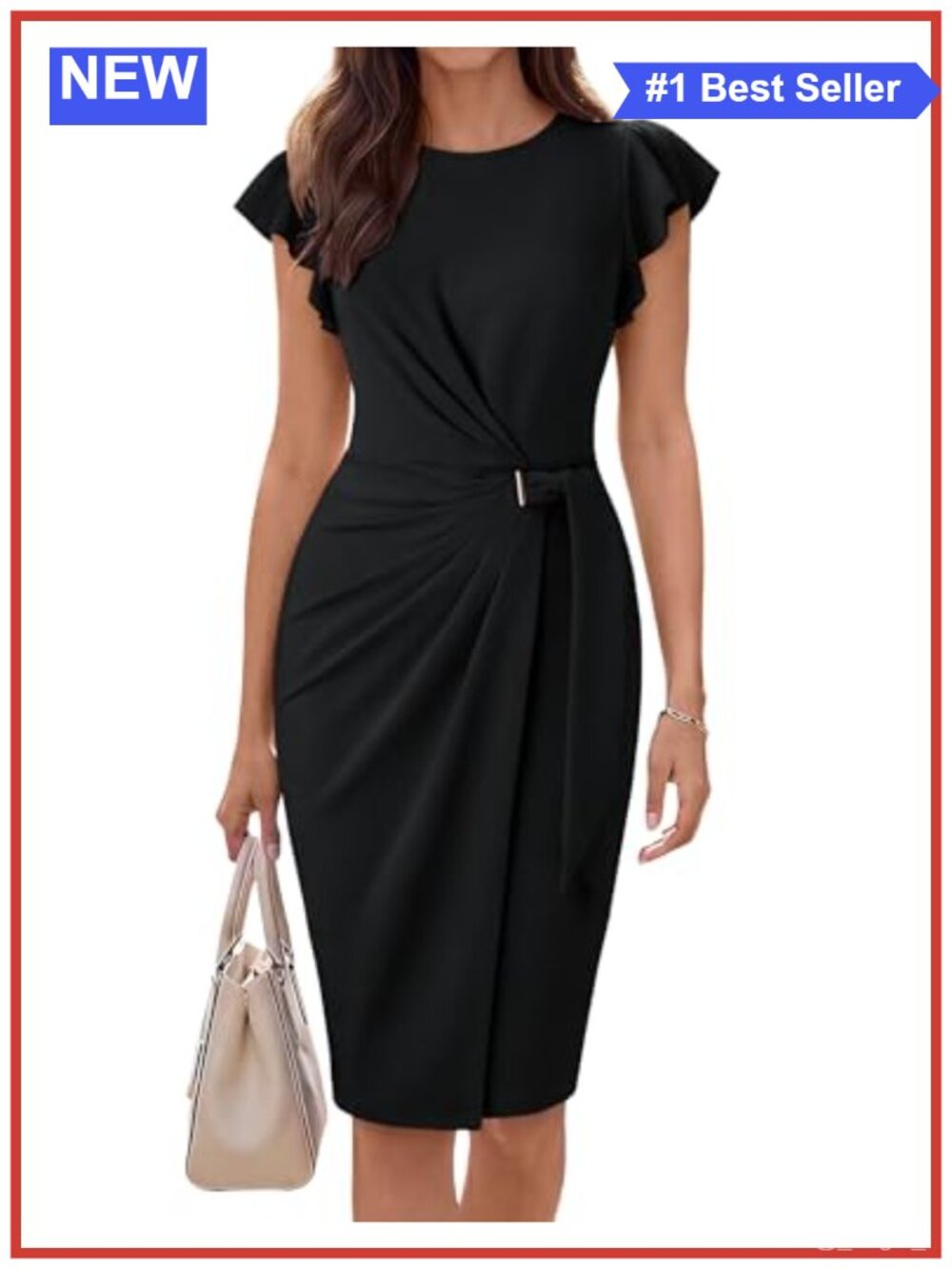 Women's Business Casual Midi Bodycon Dress with Ruched Front Flutter Sleeves
